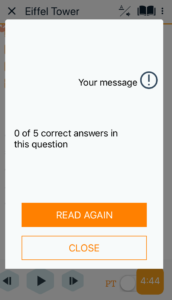 Beelinguapp screenshot of results pop-up showing "Your message" instead of actual message text and score of 0/5.