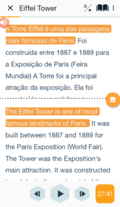 Screenshot of Beelinguapp split screen showing Portuguese text and English translation