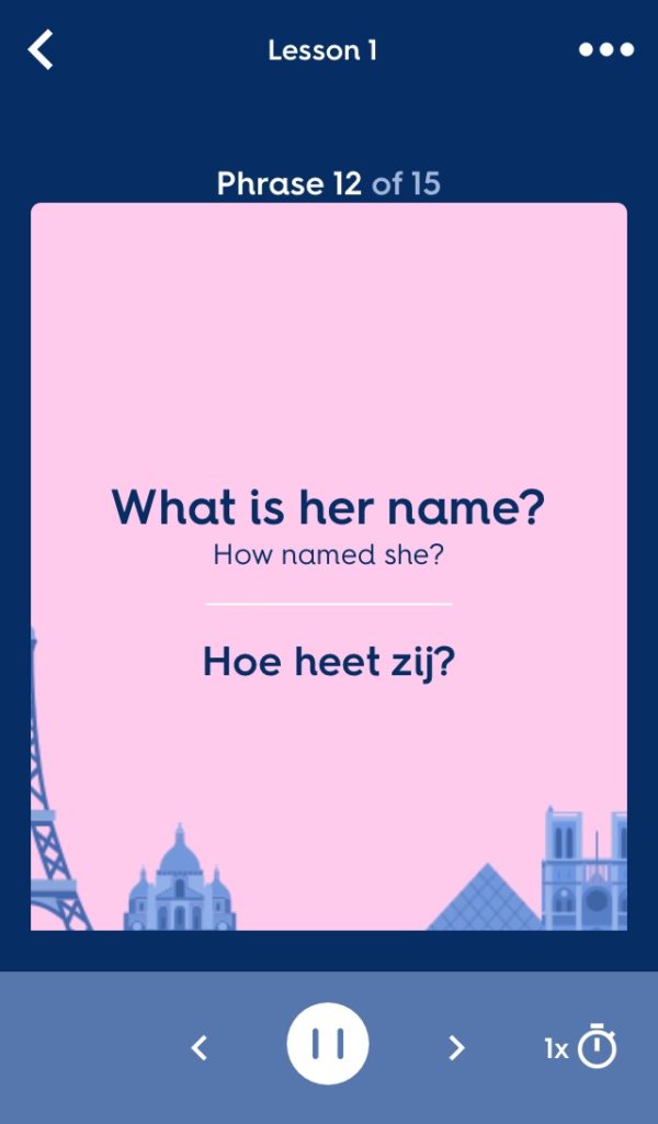 Optilingo example Dutch phrase screenshot. Reads "What is her name? How named she? Hoe heet zij?