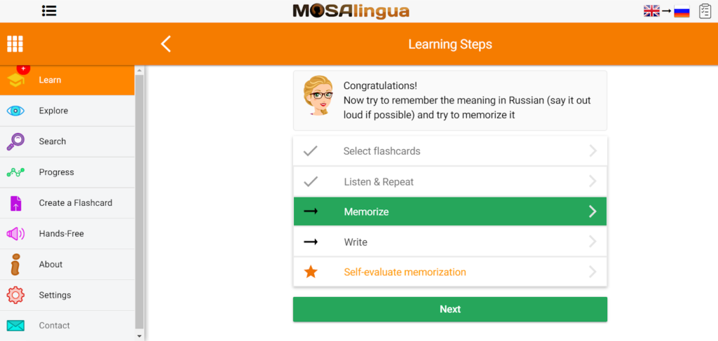 Screenshot of the Learning Steps screen giving choices for learning activities: select flashcards; listen and repeat; memorize; write; self-evaluate memorization. 