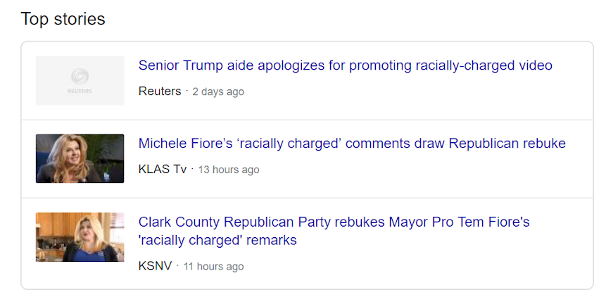 Screenshot of 3 headlines reporting on "racially charged" video/comments/remarks. 