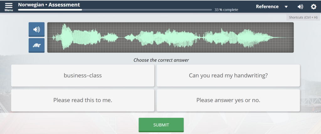 Transparent Language test questions. An audio soundwave shows, above "Choose the correct answer" and4 English phrases