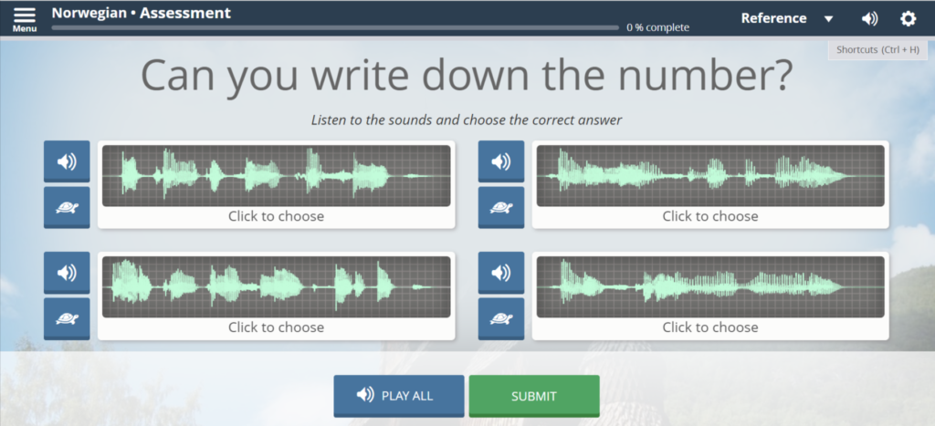 Transparent Language test screenshot. "Can you write down the number?", "Listen to the sounds and choose the correct answer", 4 soundwaves for potential answers. 