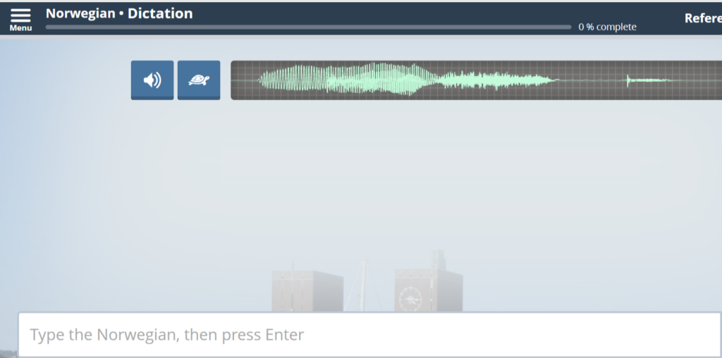 Transparent Language screenshot. A soundwave next to audio and slow buttons. Instructions read “Type the Norwegian, then press Enter”.   